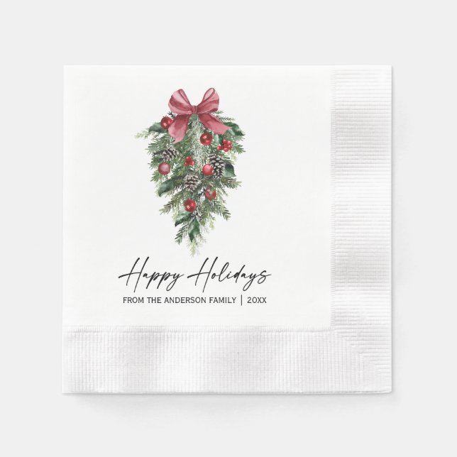 Watercolor Pine Calligraphy Ink Holiday Cocktail Napkins (Front)