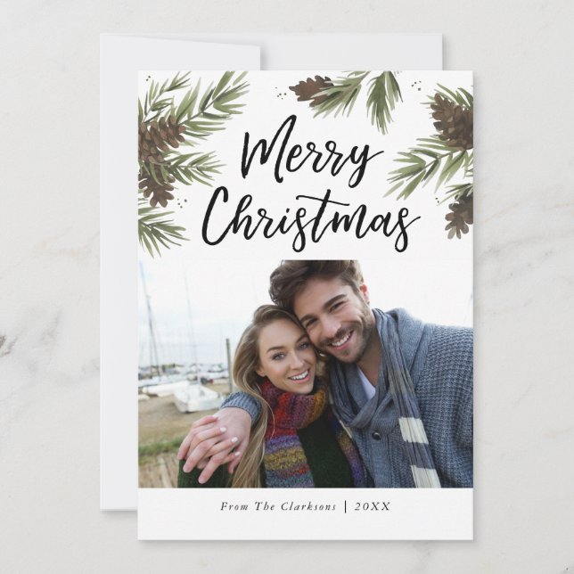Watercolor Pine Christmas Photo Card (Front)