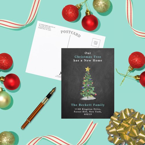 Watercolor Pine Christmas Tree New Home Holiday Announcement Postcard