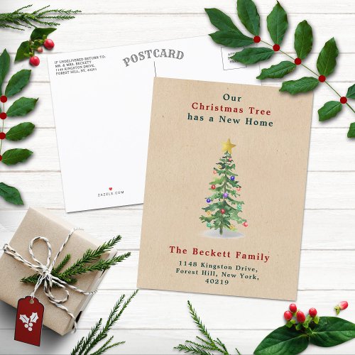 Watercolor Pine Christmas Tree New Home Holiday Announcement Postcard