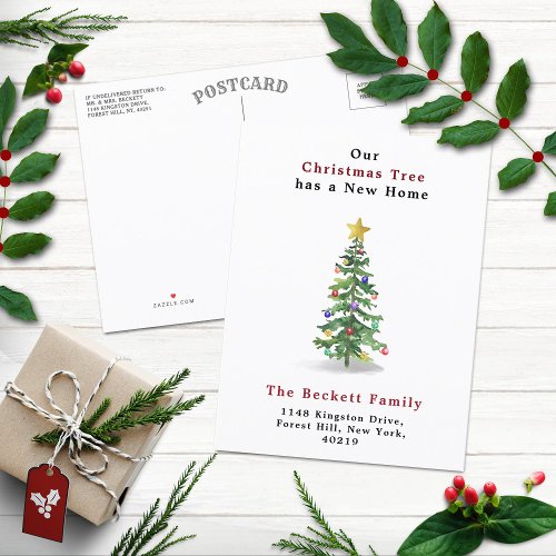 Watercolor Pine Christmas Tree New Home Holiday Announcement Postcard