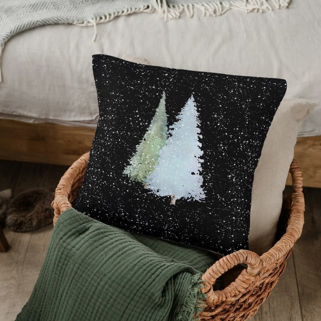 Watercolor Pine Christmas Trees Falling Snowflakes Throw Pillow (Creator Uploaded)