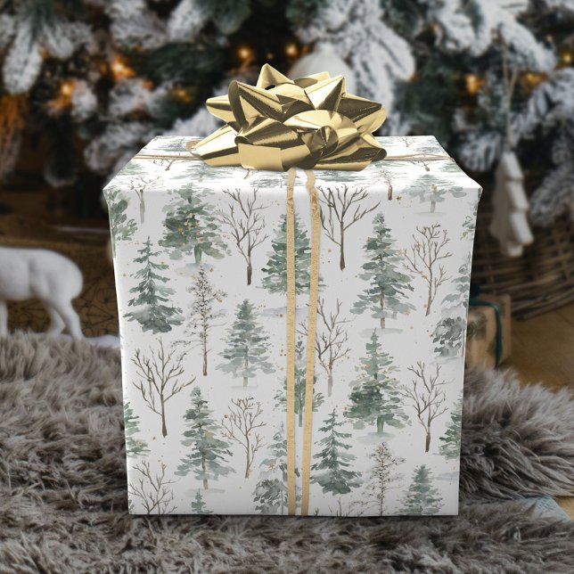 Watercolor Pine Christmas Trees Holiday  Wrapping Paper (Creator Uploaded)