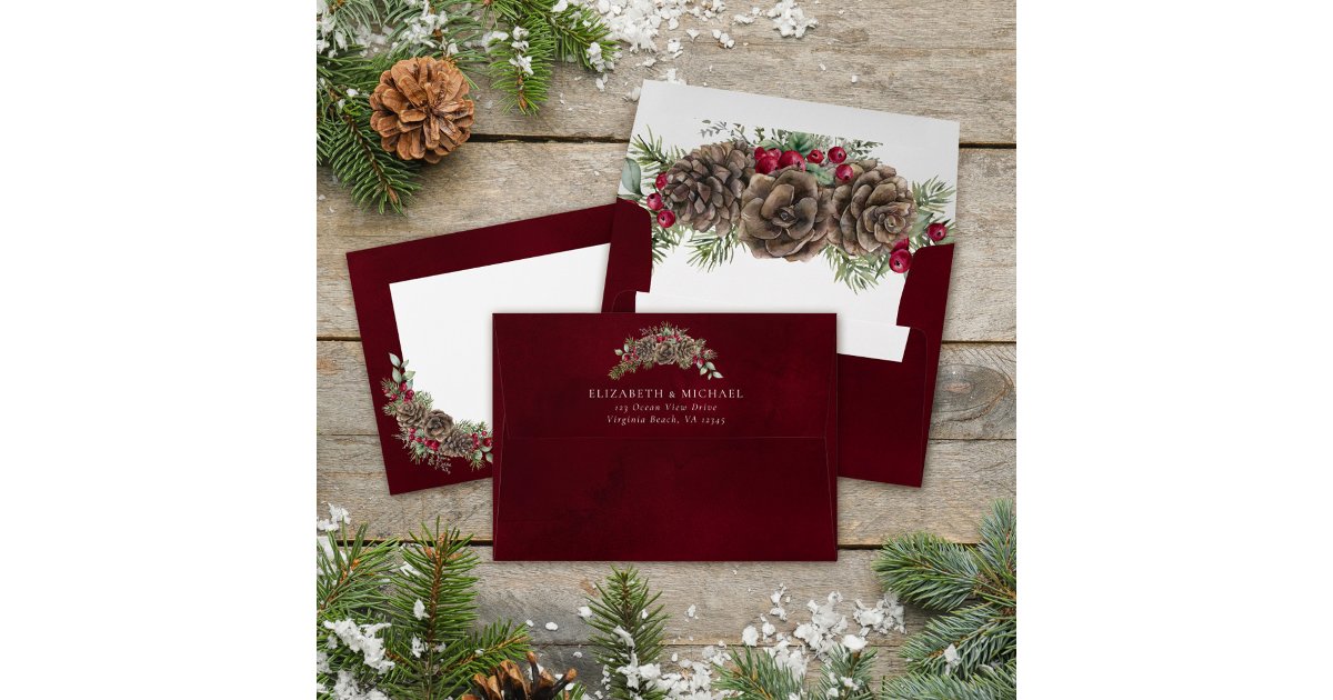 Watercolor Pine Christmas Winter Berries Wedding Envelope | Zazzle