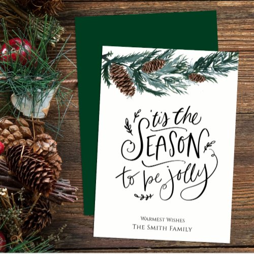 Watercolor Pine Cone Bough Minimalist Greenery Holiday Card