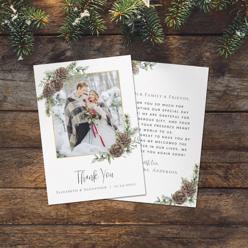 Watercolor Pine Cone Elegant Winter Wedding Photo  Thank You Card