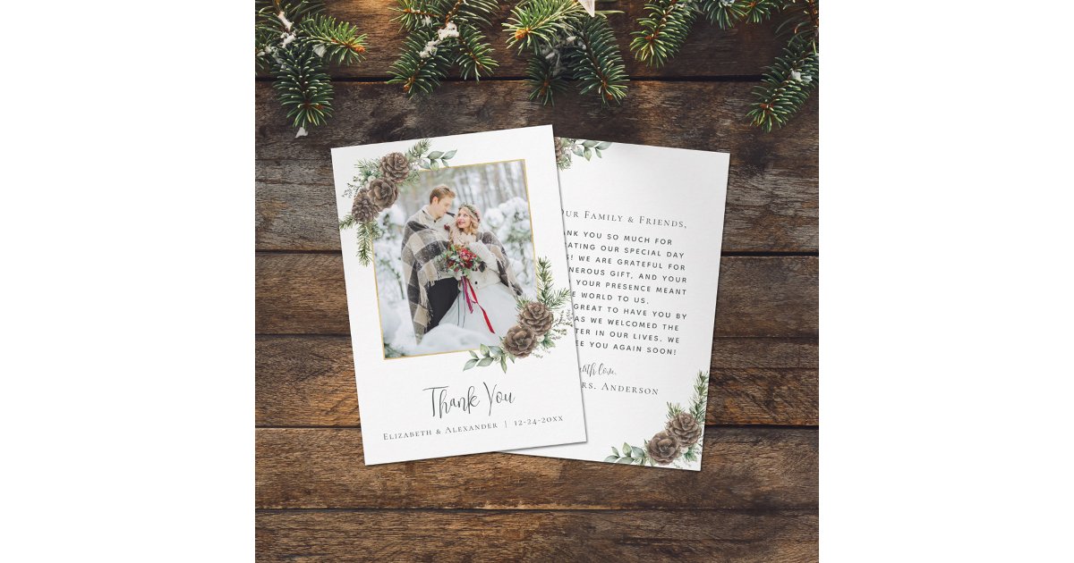 Watercolor Pine Cone Elegant Winter Wedding Photo Thank You Card | Zazzle