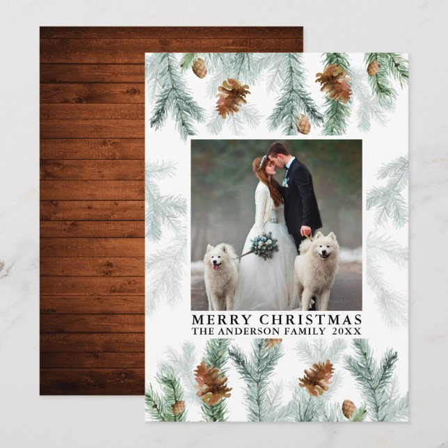 Watercolor Pine Cone Greenery Christmas Wood Holiday Card (Front/Back)