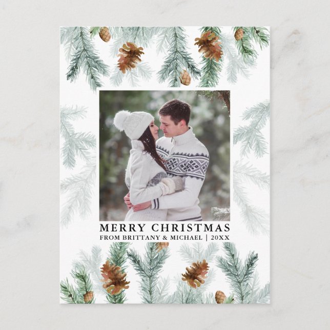 Watercolor Pine Cone Greenery Couple Photo Postcard (Front)