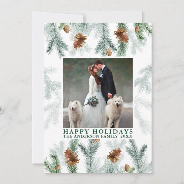 Watercolor Pine Cone Greenery Photo Green Holiday Card (Front)