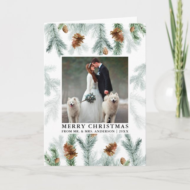 Watercolor Pine Cone Greenery Wedding Photo Fold Holiday Card (Front)
