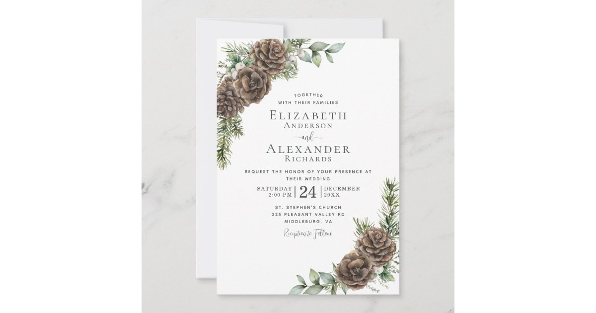 Watercolor Pine Cone Greenery Winter Wedding Invitation | Zazzle