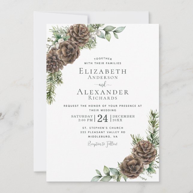 Watercolor Pine Cone Greenery Winter Wedding Invitation (Front)