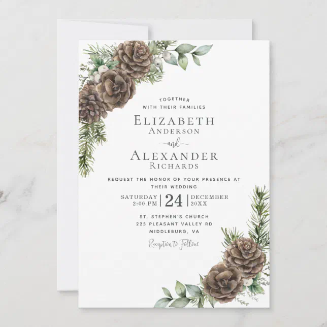 Watercolor Pine Cone Greenery Winter Wedding Invitation | Zazzle