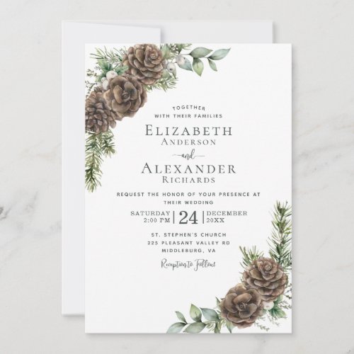 Watercolor Pine Cone Greenery Winter Wedding Invitation