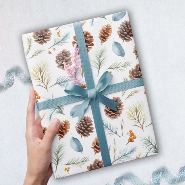 Watercolor Pine cones and branches with berries  Wrapping Paper (pine cone Christmas wrapping paper)