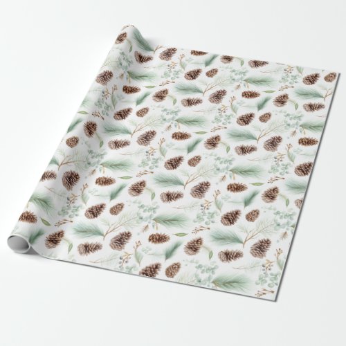 Watercolor Pine cones and branches with berries  Wrapping Paper