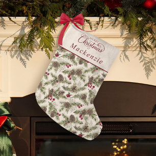 Watercolor Pine Cones Botanical Script Christmas Small Christmas Stocking
