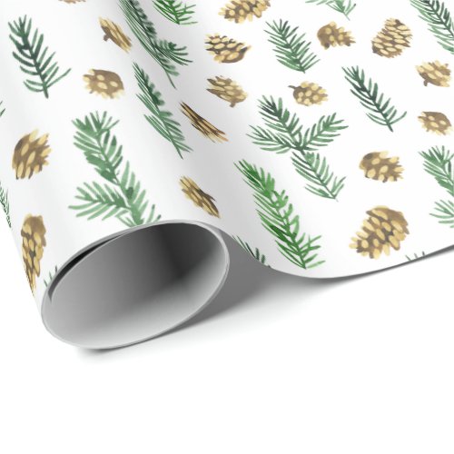 Watercolor Pine Cones Branch Christmas Holiday Wrapping Paper