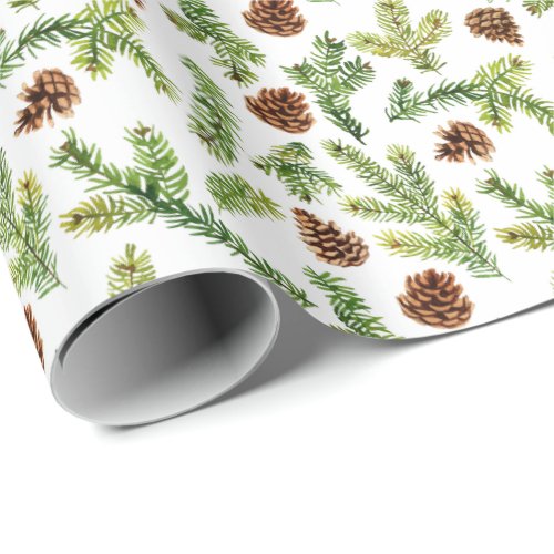 Watercolor Pine Cones Branch Christmas Holiday Wrapping Paper