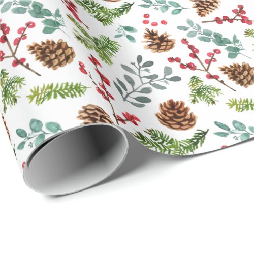 Watercolor Pine Cones Branch Christmas Holiday Wrapping Paper