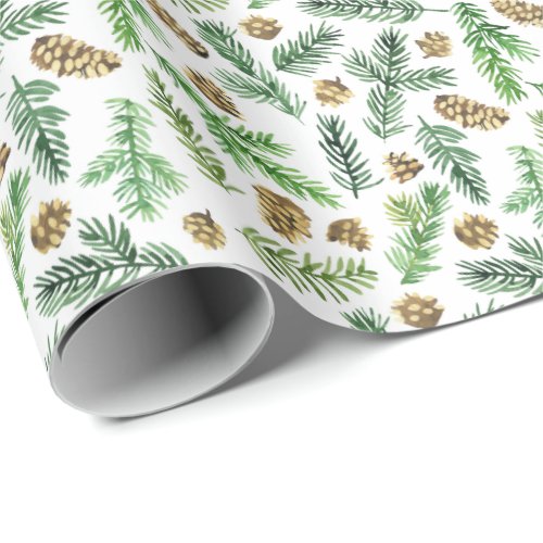 Watercolor Pine Cones Branch Christmas Holiday Wrapping Paper