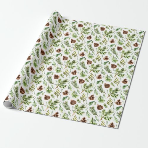 Watercolor Pine Cones Branch Christmas Holiday Wrapping Paper