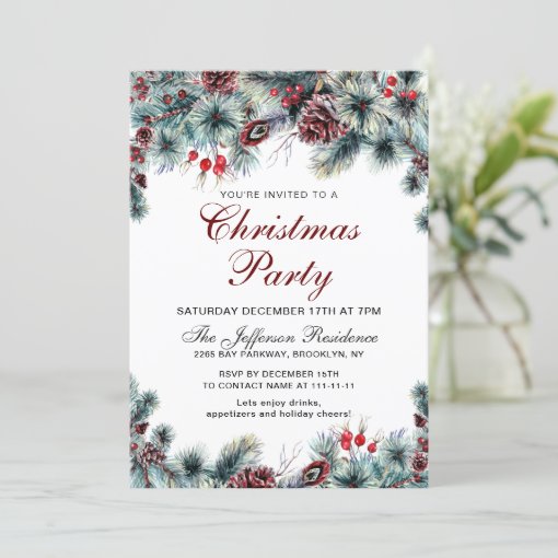 Watercolor Pine Cones Branch Christmas Party Invitation | Zazzle