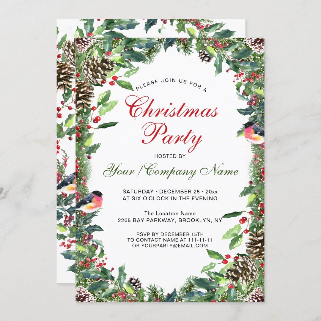 Watercolor Pine Cones Branch Christmas Party Invitation | Zazzle