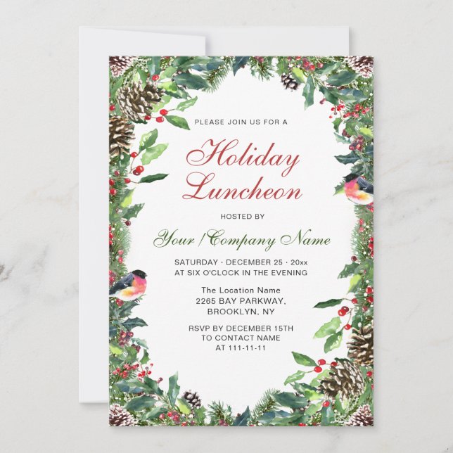 Watercolor Pine Cones Branch Holiday Luncheon Invitation (Front)