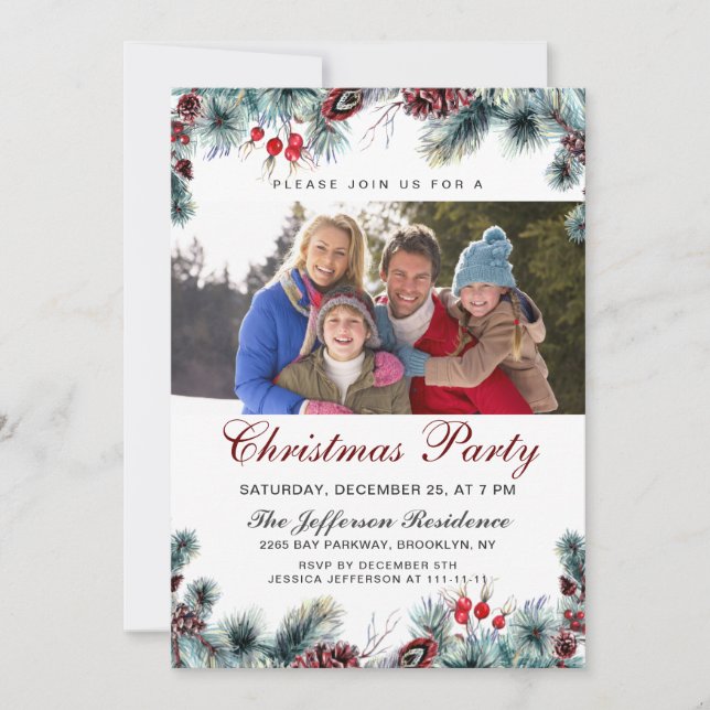 Watercolor Pine Cones Branch PHOTO Christmas Party Invitation (Front)