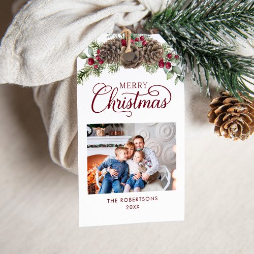 Watercolor Pine Cones Burgundy Christmas Photo Gift Tags