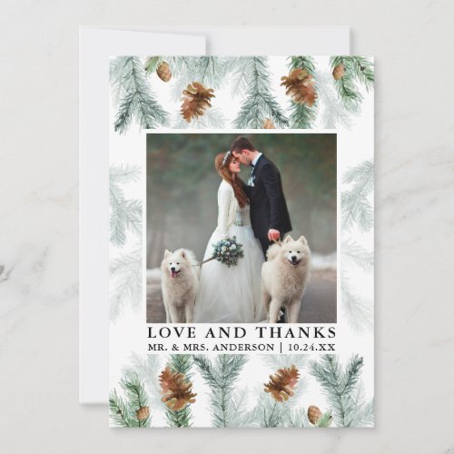 Watercolor Pine Cones Love Thanks Wedding Photo Thank You Card