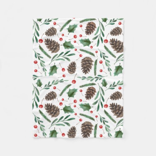 Watercolor Pine Cones Red Berry Holly Pattern Fleece Blanket