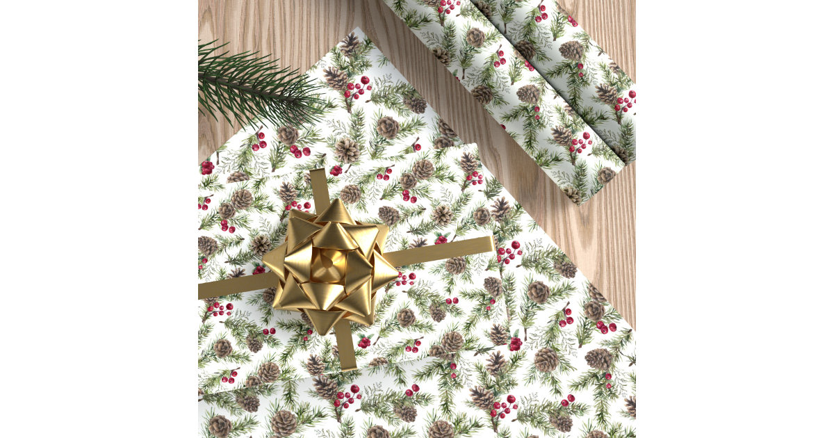 Watercolor Pine Cones Rustic Botanical Christmas Wrapping Paper | Zazzle