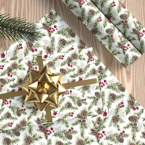 Watercolor Pine Cones Rustic Botanical Christmas Wrapping Paper