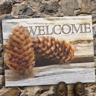 Watercolor Pine Cones Rustic Wood Custom Doormat