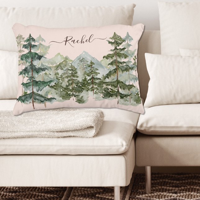Watercolor Pine Forest and mountain Aesthetic Accent Pillow (In situ on couch)