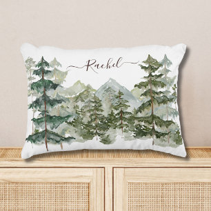 Watercolor Pine Forest and mountain Aesthetic Accent Pillow