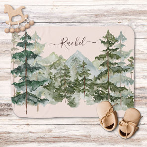 Watercolor Pine Forest and mountain Aesthetic Baby Burp Cloth