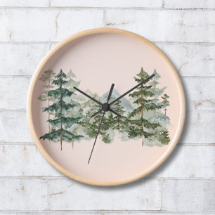 Watercolor Pine Forest and mountain Aesthetic Clock