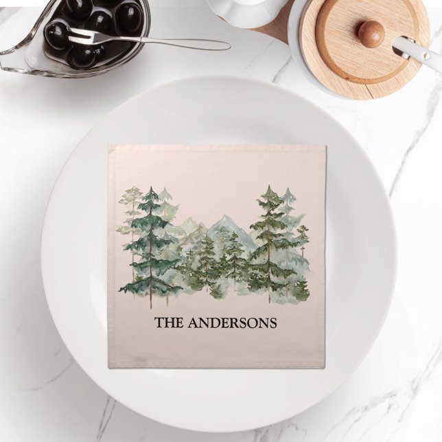 Watercolor Pine Forest and mountain Aesthetic Cloth Napkin (In situ dining table)
