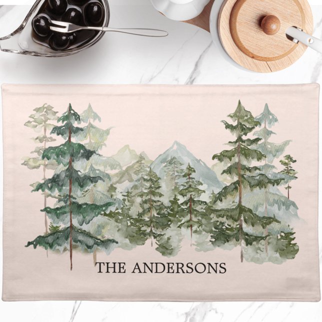 Watercolor Pine Forest and mountain Aesthetic Cloth Placemat (In situ dining table)