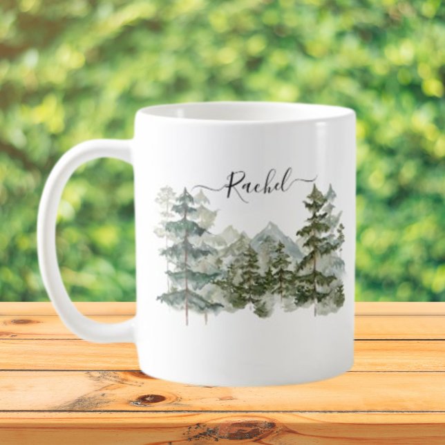 Watercolor Pine Forest and mountain Aesthetic Coffee Mug (Close up outdoor)