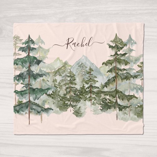 Watercolor Pine Forest and mountain Aesthetic Fleece Blanket