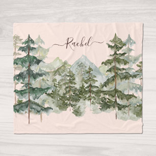 Watercolor Pine Forest and mountain Aesthetic Fleece Blanket