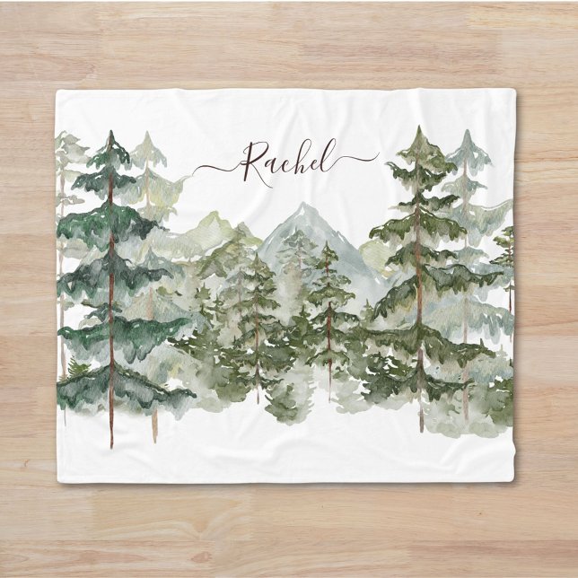 Watercolor Pine Forest and mountain Aesthetic Fleece Blanket (In situ)
