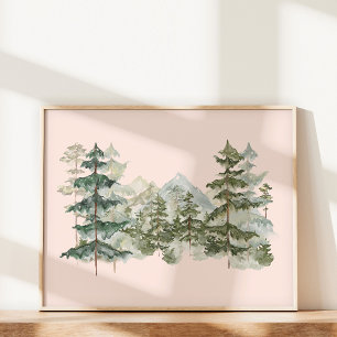 Watercolor Pine Forest and mountain Aesthetic Poster