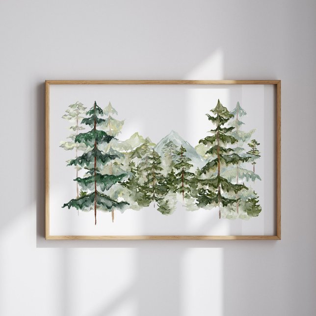 Watercolor Pine Forest and mountain Aesthetic Poster (In situ)