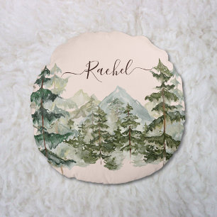 Watercolor Pine Forest and mountain Aesthetic Round Pillow